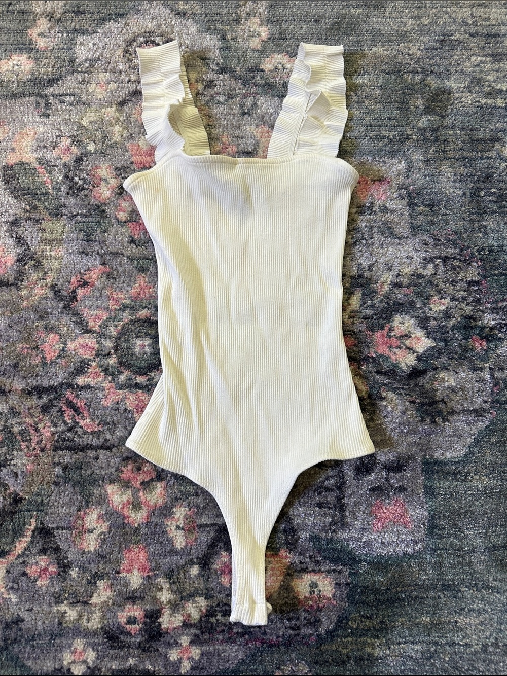 Jolie Cream Ribbed Thong Bodysuit with Ruffle Straps - Like New Size Small